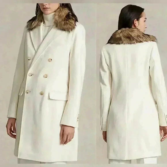 Polo Ralph Lauren Faux Fur Collar Double Breasted Parka Peacoat Long Overcoat 4 - Picture 1 of 12